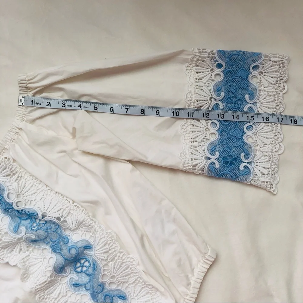 White Off-Shoulder Crop Top with Blue Lace Trim • Express Size XS - Picture 11 of 11